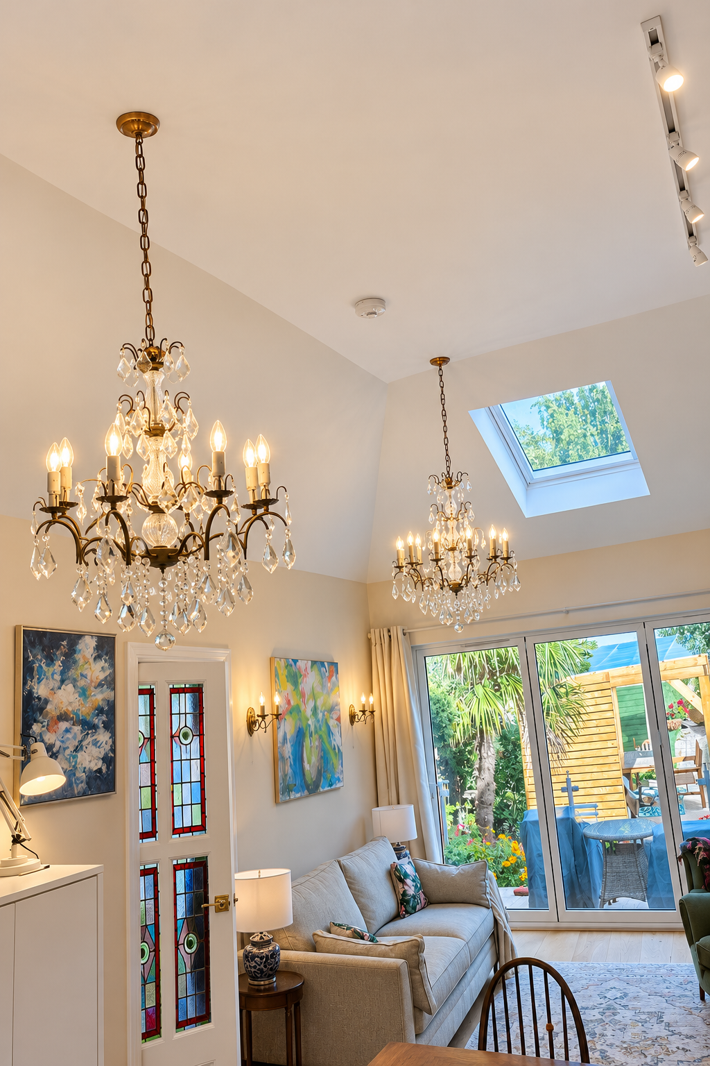 Bright living room with a high vaulted ceiling, two hanging crystal chandeliers and glass patio doors onto a garden.